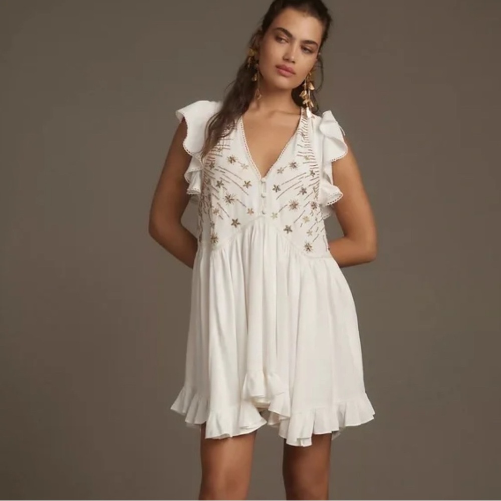 NWT Anthropologie White Dress with Gold Embroidery
